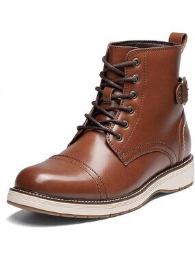 Men's Brown Faux Leather Motorcycle Combat Dress Boots Metal Buckle Strap
